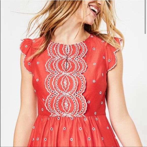 Boden Lucinda Broderie Eyelet Coral Red cotton midi dress size 8 Regular - Picture 2 of 8